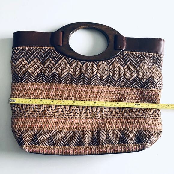 Fossil Wooden Handle VTG Woven Boho Satchel Purse Brown Art Deco - Picture 3 of 9